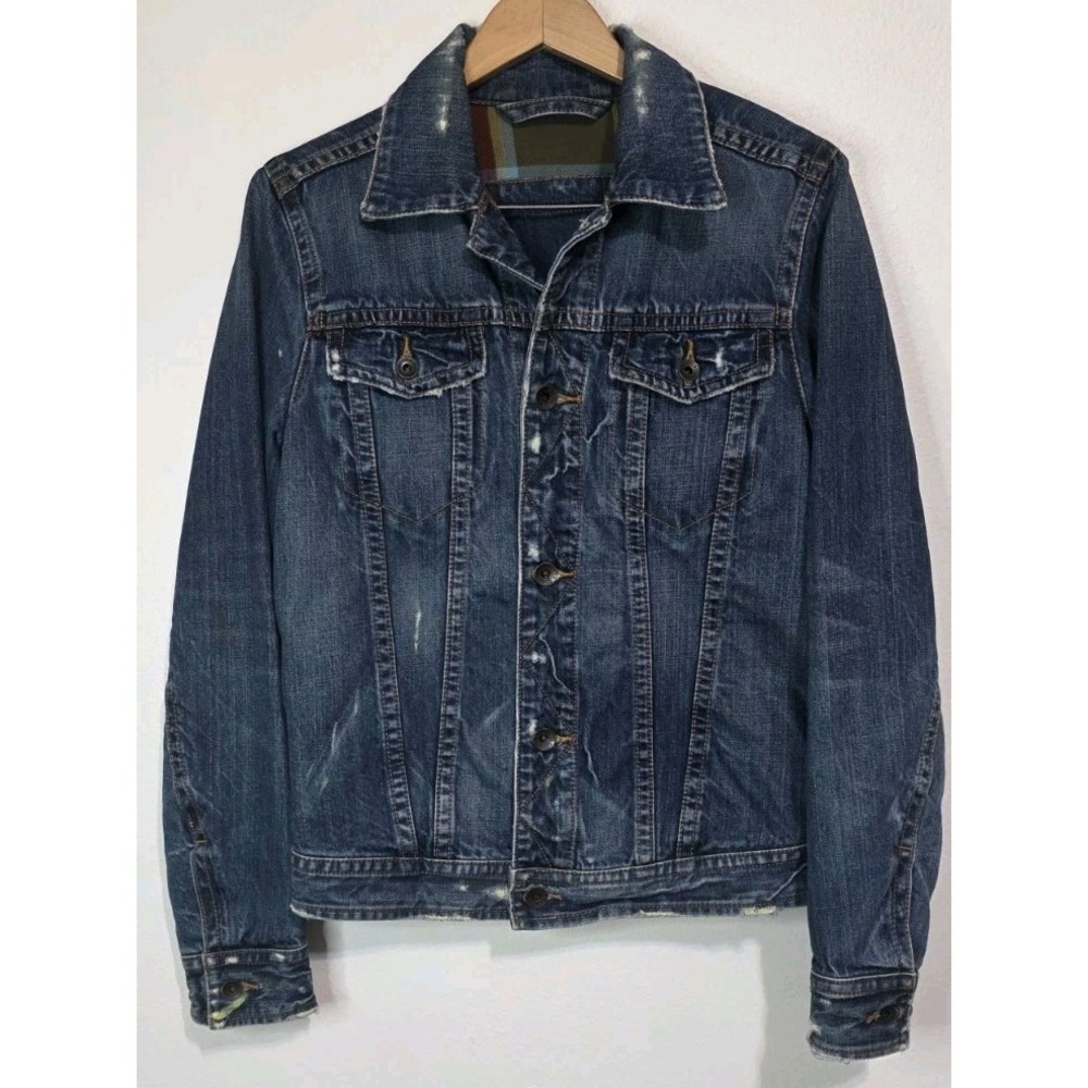 Hollister Plaid Lined Denim Trucker Jacket Distressed Jean Grunge 90s Y2K